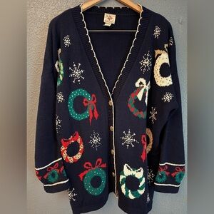 VTG Nutcracker Festive Navy Cardigan Holiday Wreaths Gold Buttons Christmas